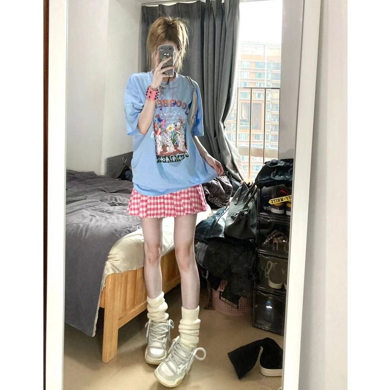 Jiashucheng Áo Thun Cotton Ngắn Tay Dáng Rộng In Họa Tiết Thỏ Phong Cách Retro Mỹ Cho Nữ