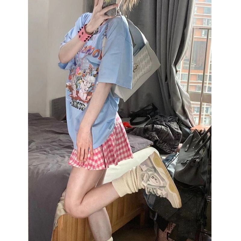 Jiashucheng Áo Thun Cotton Ngắn Tay Dáng Rộng In Họa Tiết Thỏ Phong Cách Retro Mỹ Cho Nữ