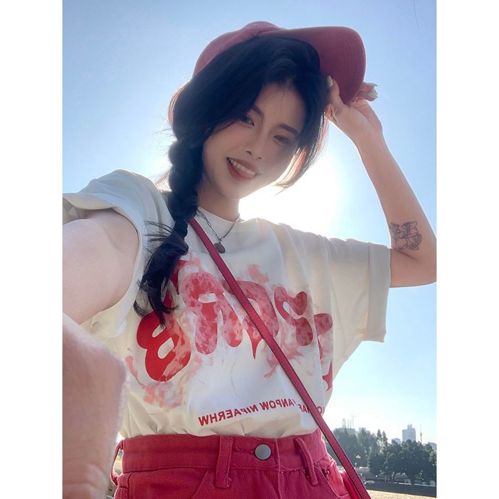 Jiashucheng Áo Thun Cotton Ngắn Tay Màu Trắng Nhuộm In Chữ Phong Cách Retro Mỹ Thời Trang Mùa Hè Mới Cho Nữ