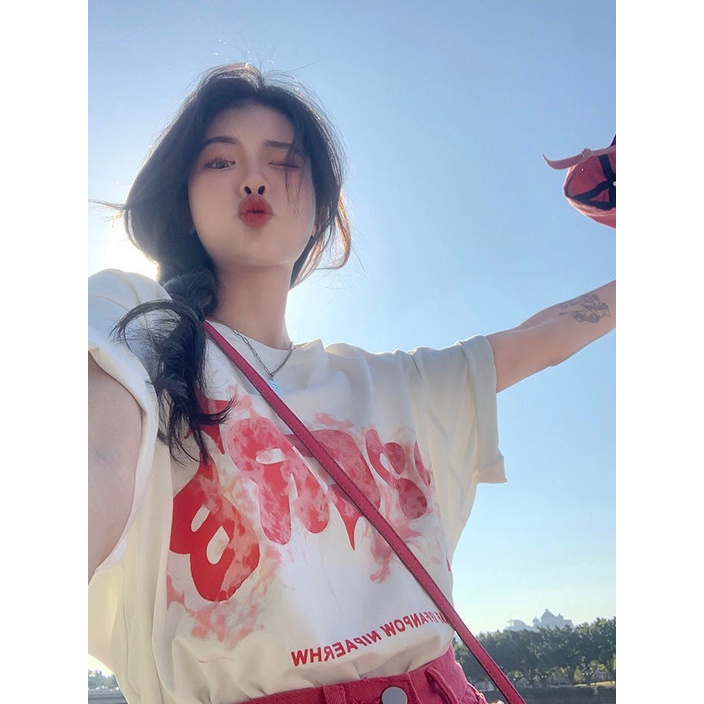 Jiashucheng Áo Thun Cotton Ngắn Tay Màu Trắng Nhuộm In Chữ Phong Cách Retro Mỹ Thời Trang Mùa Hè Mới Cho Nữ