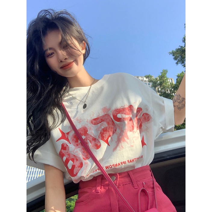 Jiashucheng Áo Thun Cotton Ngắn Tay Màu Trắng Nhuộm In Chữ Phong Cách Retro Mỹ Thời Trang Mùa Hè Mới Cho Nữ