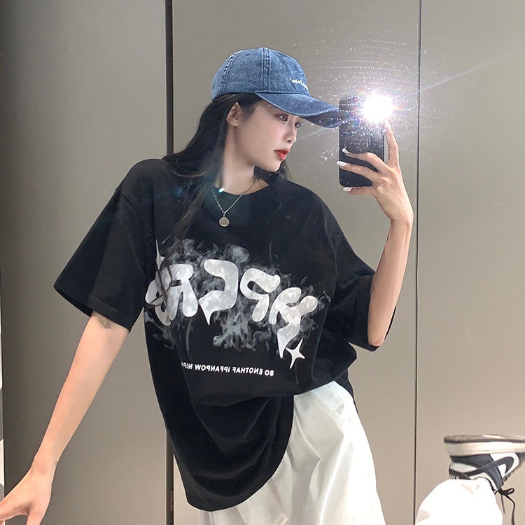 Jiashucheng Áo Thun Cotton Ngắn Tay Màu Trắng Nhuộm In Chữ Phong Cách Retro Mỹ Thời Trang Mùa Hè Mới Cho Nữ