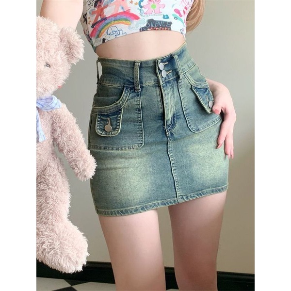 Jiashucheng Hot Girl Niche Chân Váy Denim Ngắn Dáng Chữ a Lưng Cao Phong Cách Retro Mùa Hè 2023 Mới