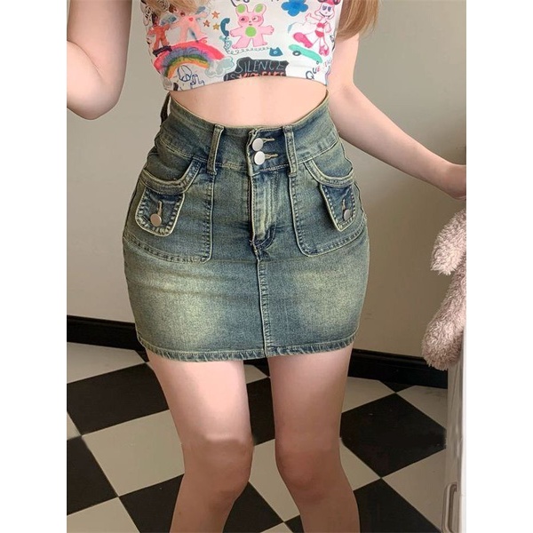 Jiashucheng Hot Girl Niche Chân Váy Denim Ngắn Dáng Chữ a Lưng Cao Phong Cách Retro Mùa Hè 2023 Mới