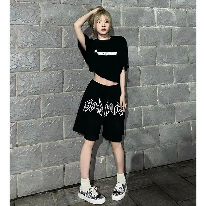 Jiashucheng Quần Short Thể Thao Màu Đen Lưng Cao Dáng Suông In Chữ Phong Cách Thời Trang Đường Phố Cho Nữ