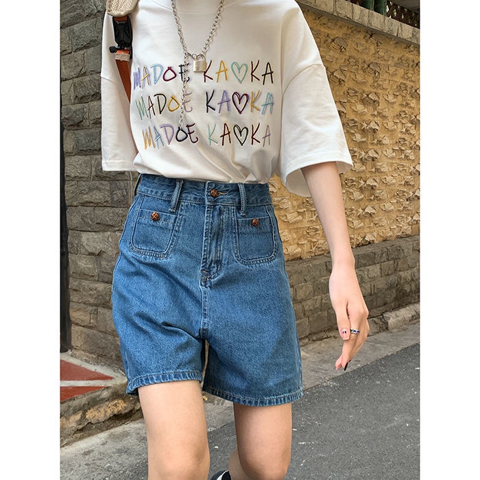 Jiashucheng Quần Short Denim Lưng Cao Dáng Rộng Phong Cách Retro Mỹ Thời Trang Mùa Hè Dành Cho Nữ
