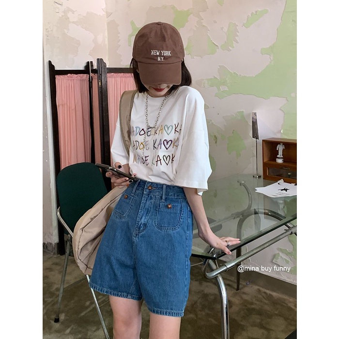 Jiashucheng Quần Short Denim Lưng Cao Dáng Rộng Phong Cách Retro Mỹ Thời Trang Mùa Hè Dành Cho Nữ