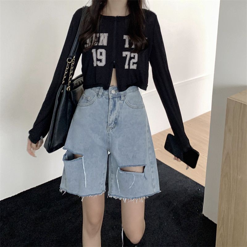 Jiashucheng Quần Short Denim Lưng Cao Dáng Rộng Rách Cỡ Lớn Thời Trang Mùa Hè Cho Nữ