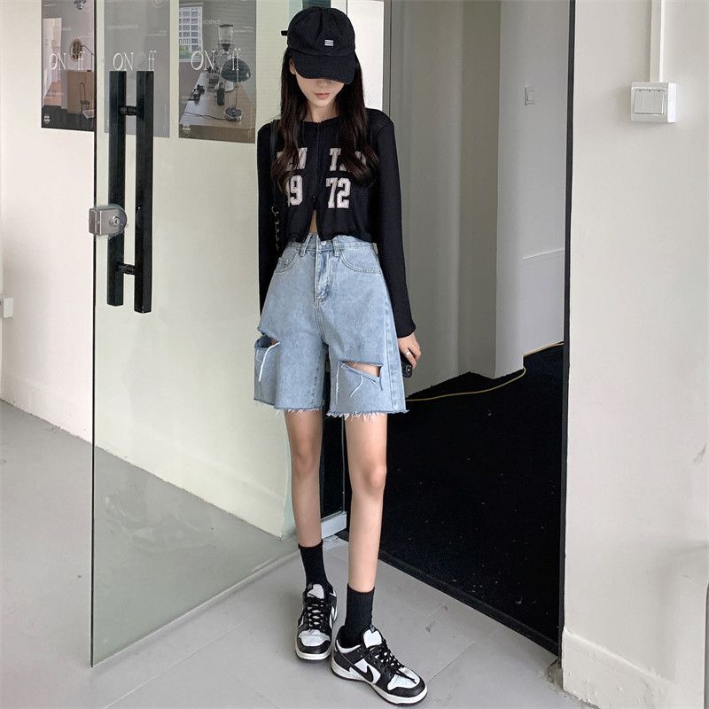 Jiashucheng Quần Short Denim Lưng Cao Dáng Rộng Rách Cỡ Lớn Thời Trang Mùa Hè Cho Nữ