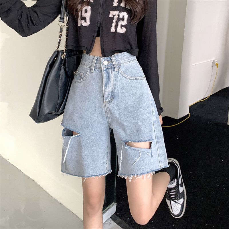Jiashucheng Quần Short Denim Lưng Cao Dáng Rộng Rách Cỡ Lớn Thời Trang Mùa Hè Cho Nữ