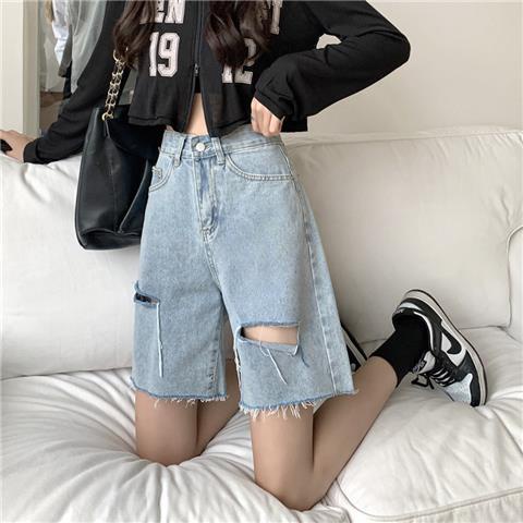 Jiashucheng Quần Short Denim Lưng Cao Dáng Rộng Rách Cỡ Lớn Thời Trang Mùa Hè Cho Nữ