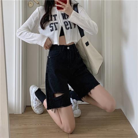 Jiashucheng Quần Short Denim Lưng Cao Dáng Rộng Rách Cỡ Lớn Thời Trang Mùa Hè Cho Nữ