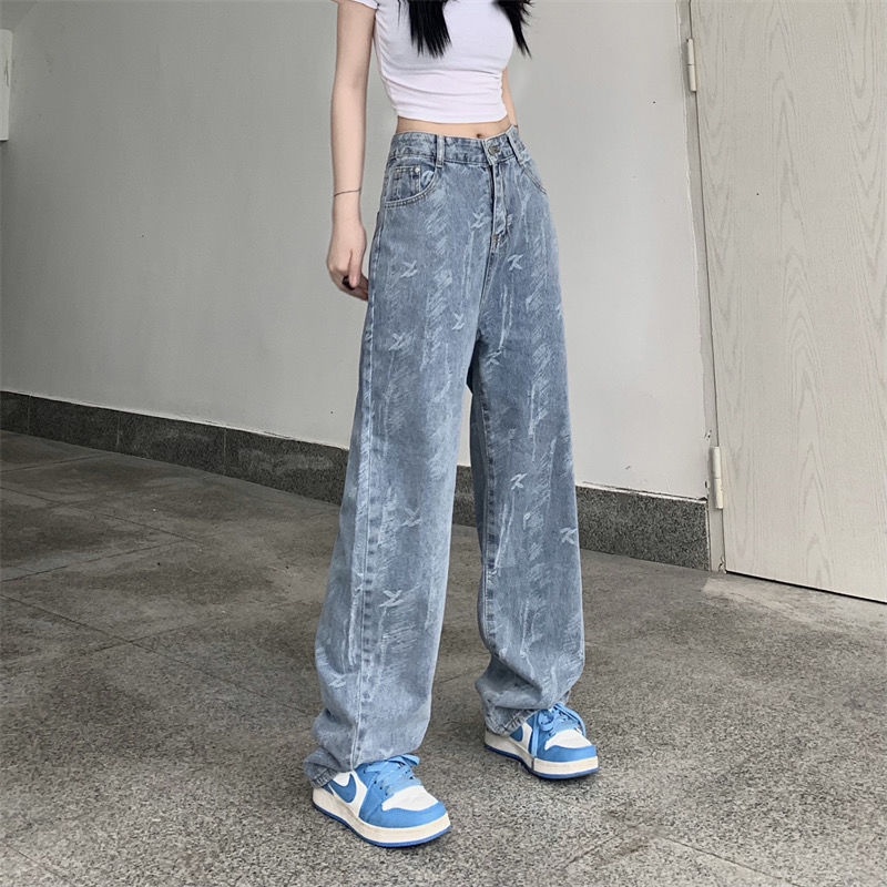 Jiashucheng Quần Jean Nữ Lưng Cao Dáng Rộng Dễ Phối Đồ Phong Cách Mới