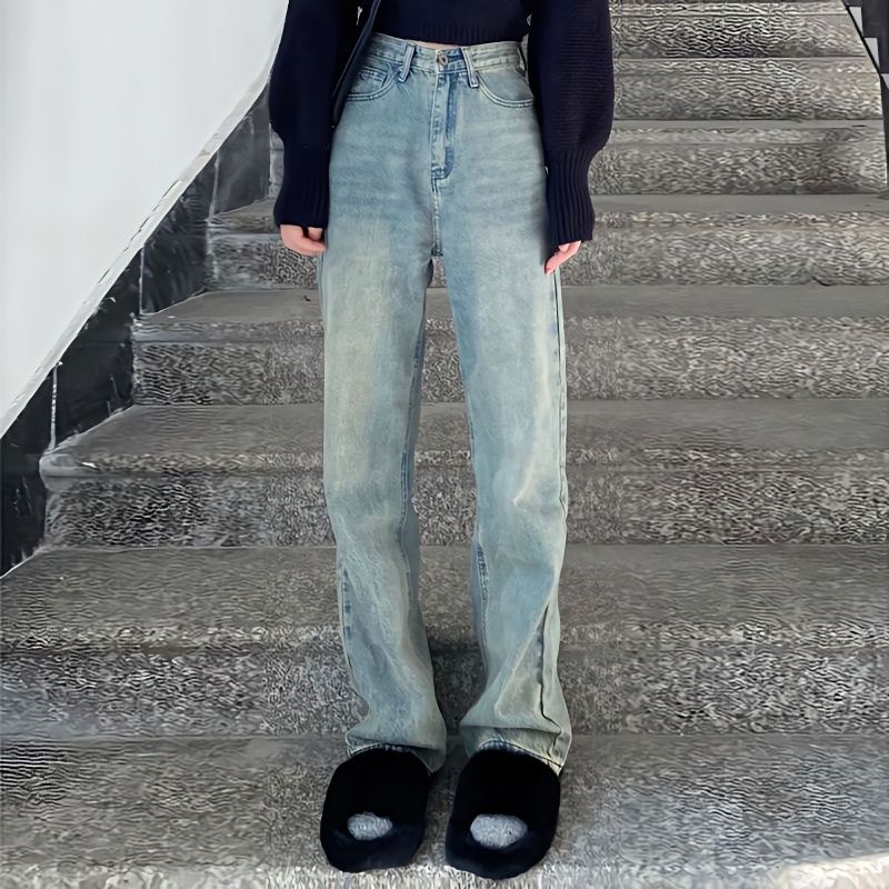 Jiashucheng Quần Jean Ống Rộng Lưng Cao Thời Trang Mùa Hè Đường Phố Retro Mỹ Dành Cho Nữ
