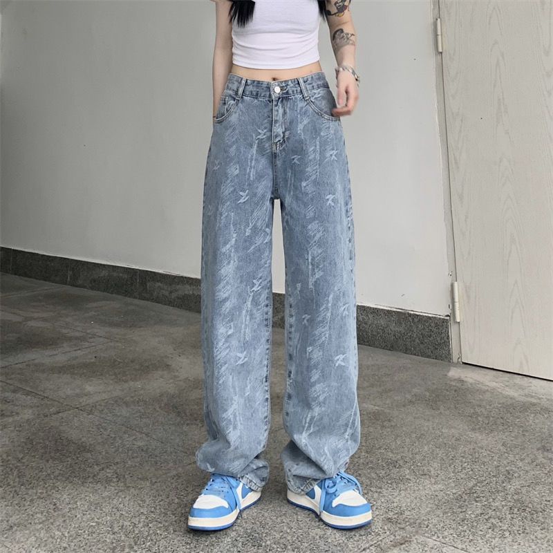 Jiashucheng Quần Jean Nữ Lưng Cao Dáng Rộng Dễ Phối Đồ Phong Cách Mới