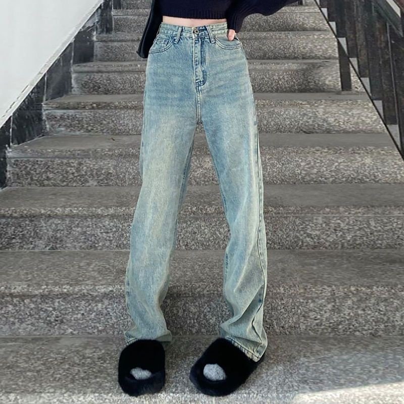 Jiashucheng Quần Jean Ống Rộng Lưng Cao Thời Trang Mùa Hè Đường Phố Retro Mỹ Dành Cho Nữ