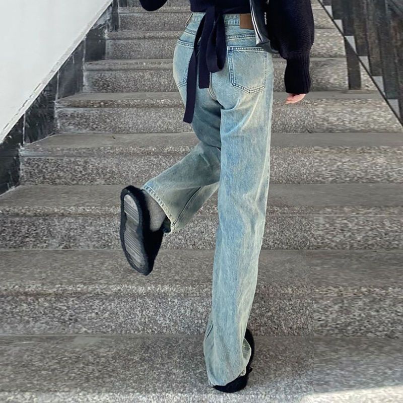 Jiashucheng Quần Jean Ống Rộng Lưng Cao Thời Trang Mùa Hè Đường Phố Retro Mỹ Dành Cho Nữ