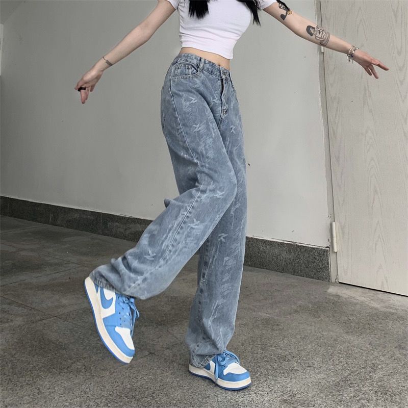 Jiashucheng Quần Jean Nữ Lưng Cao Dáng Rộng Dễ Phối Đồ Phong Cách Mới