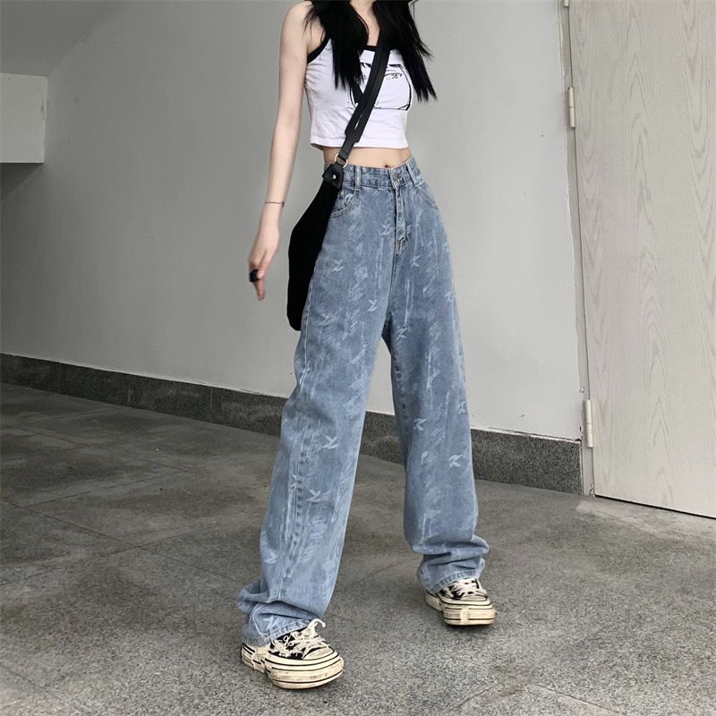 Jiashucheng Quần Jean Nữ Lưng Cao Dáng Rộng Dễ Phối Đồ Phong Cách Mới