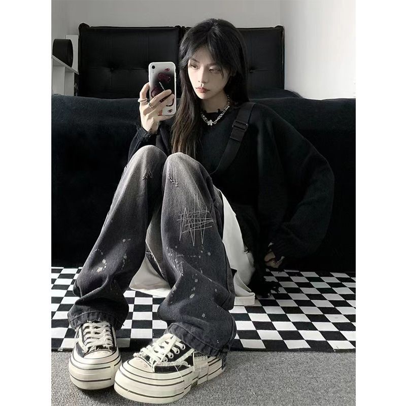 Jiashucheng Quần Jean Lưng Cao Dáng Rộng Họa Tiết Thêu Cao Cấp Thời Trang Đường Phố Mỹ Cho Nữ