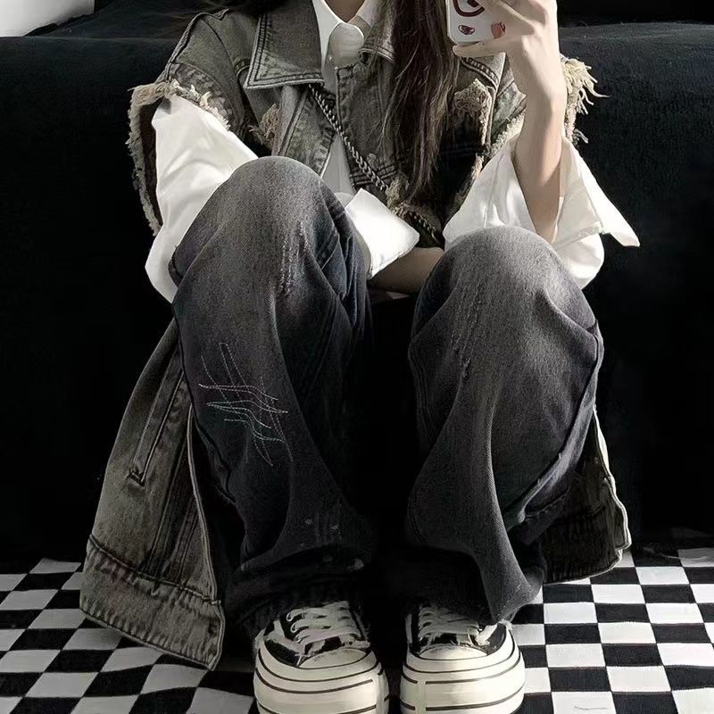 Jiashucheng Quần Jean Lưng Cao Dáng Rộng Họa Tiết Thêu Cao Cấp Thời Trang Đường Phố Mỹ Cho Nữ