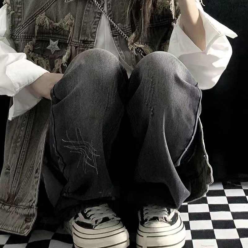 Jiashucheng Quần Jean Lưng Cao Dáng Rộng Họa Tiết Thêu Cao Cấp Thời Trang Đường Phố Mỹ Cho Nữ