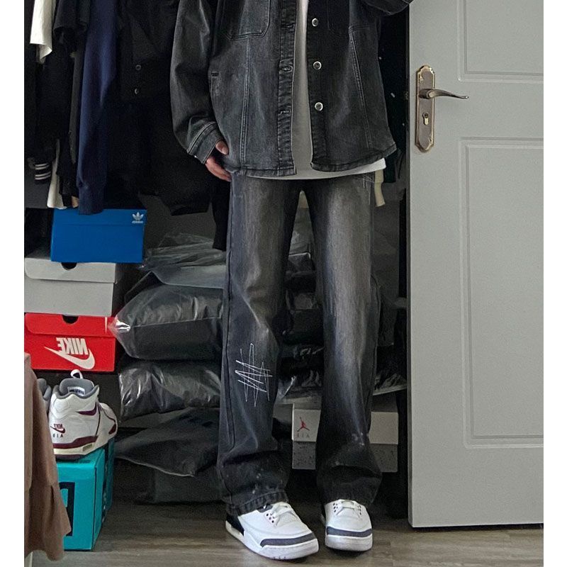 Jiashucheng Quần Jean Lưng Cao Ống Rộng Thêu Họa Tiết Phong Cách Retro Mỹ Thời Trang Cho Nữ