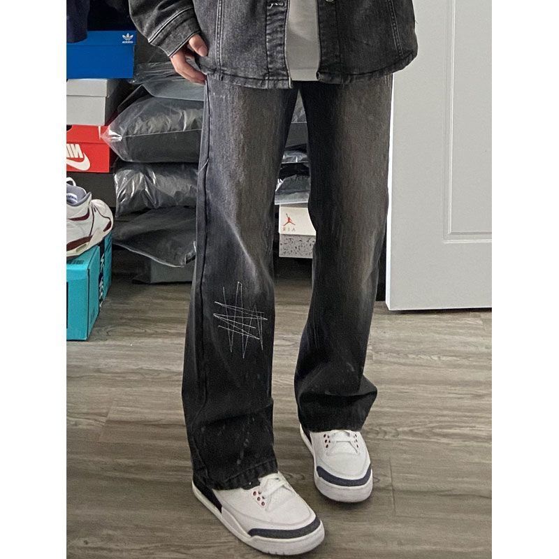 Jiashucheng Quần Jean Lưng Cao Ống Rộng Thêu Họa Tiết Phong Cách Retro Mỹ Thời Trang Cho Nữ