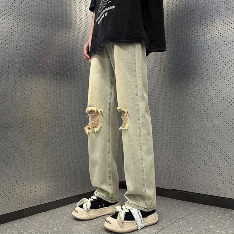 Jiashucheng Quần Jean Dài Dáng Rộng Rách Màu Vàng Bùn Phong Cách Đường Phố Mỹ Mùa Hè Cho Nữ