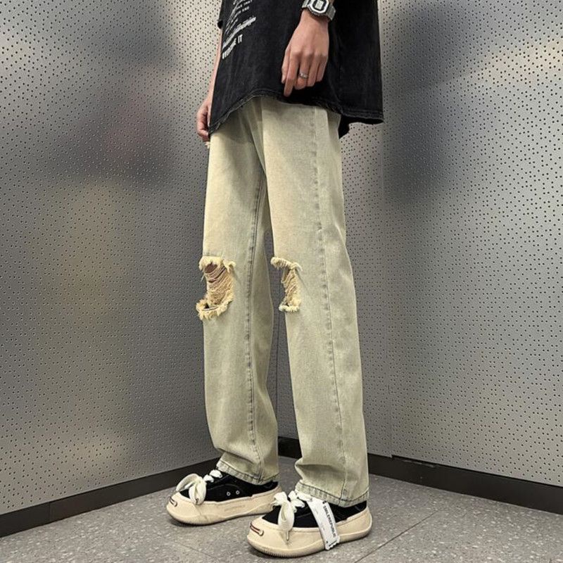 Jiashucheng Quần Jean Dài Dáng Rộng Rách Màu Vàng Bùn Phong Cách Đường Phố Mỹ Mùa Hè Cho Nữ