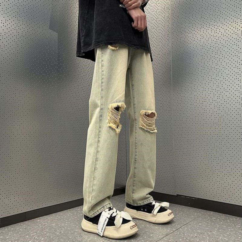 Jiashucheng Quần Jean Dài Dáng Rộng Rách Màu Vàng Bùn Phong Cách Đường Phố Mỹ Mùa Hè Cho Nữ