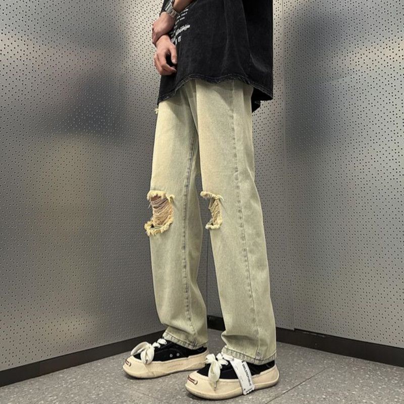 Jiashucheng Quần Jean Dài Dáng Rộng Rách Màu Vàng Bùn Phong Cách Đường Phố Mỹ Mùa Hè Cho Nữ