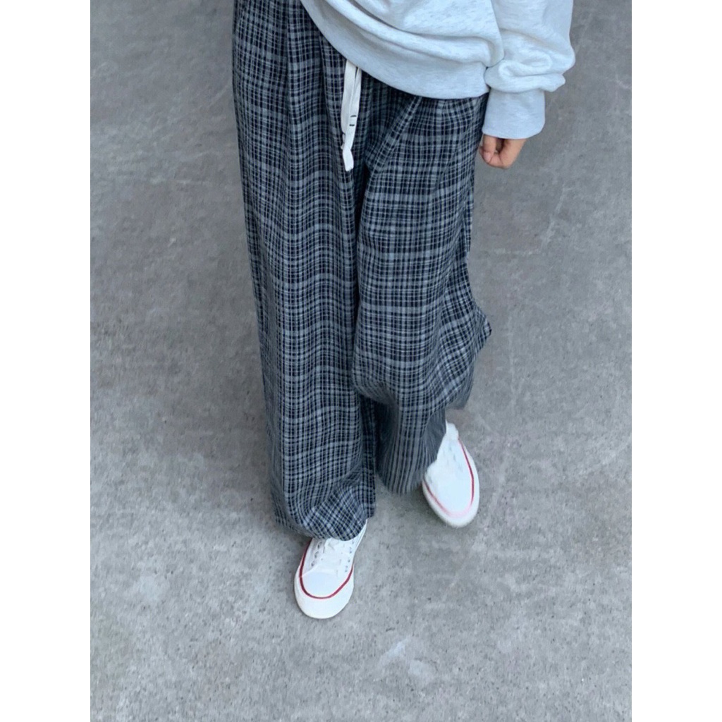 Jiashucheng Quần Dài Lưng Cao Ống Rộng Họa Tiết Sọc Caro Phong Cách Hàn Quốc Thời Trang Xuân Hè Cho Nữ