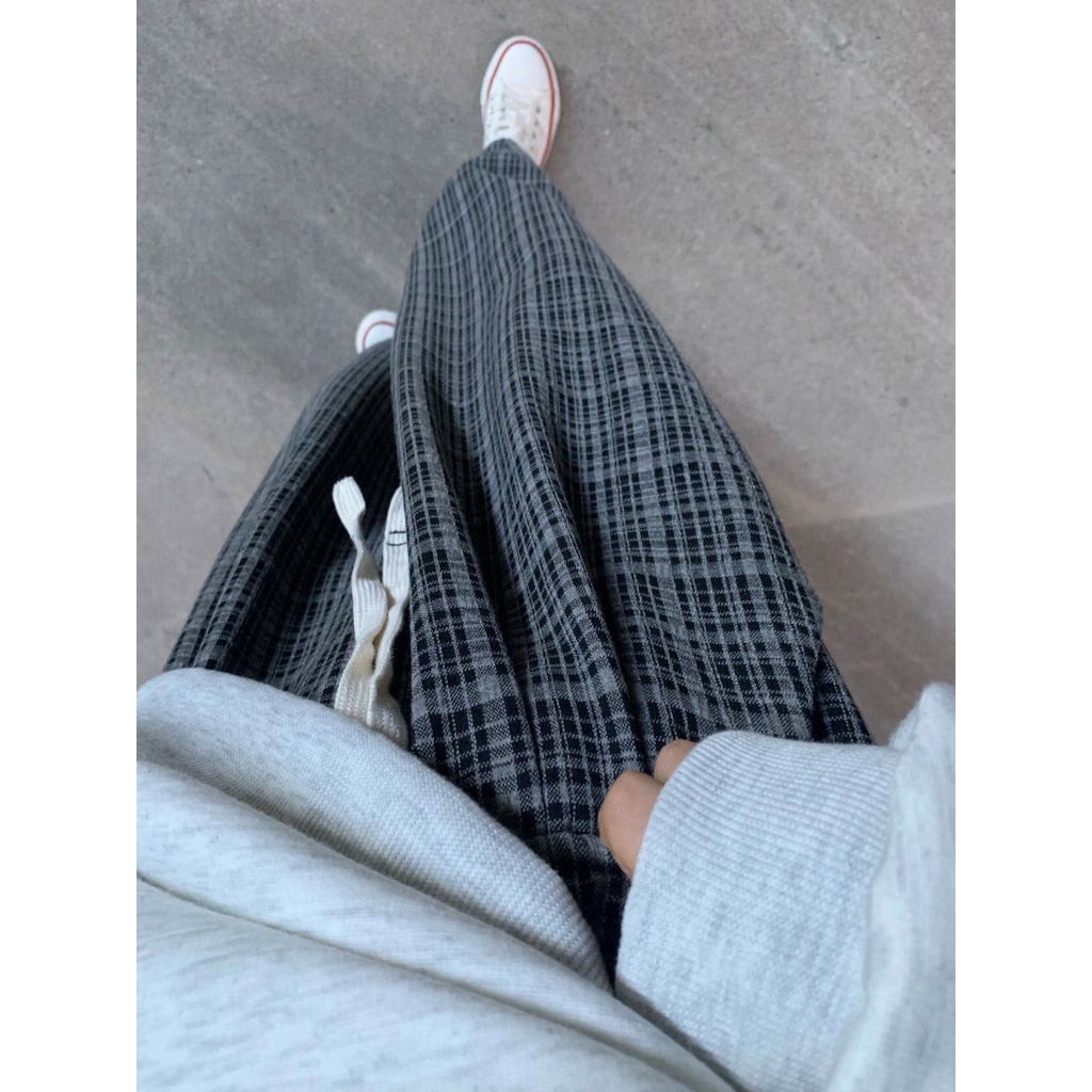 Jiashucheng Quần Dài Lưng Cao Ống Rộng Họa Tiết Sọc Caro Phong Cách Hàn Quốc Thời Trang Xuân Hè Cho Nữ