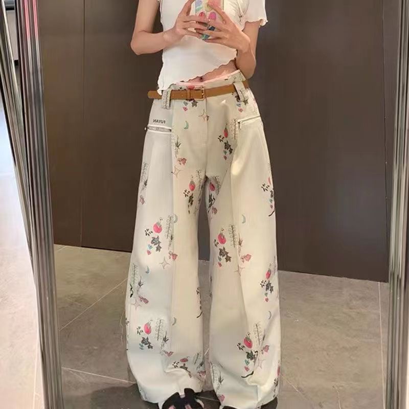 Jiashucheng Quần Dài Lưng Cao Ống Rộng In Họa Tiết Cổ Điển Phong Cách Mỹ Thời Trang Xuân Thu Hàng Mới Dành Cho Bạn Nữ 23