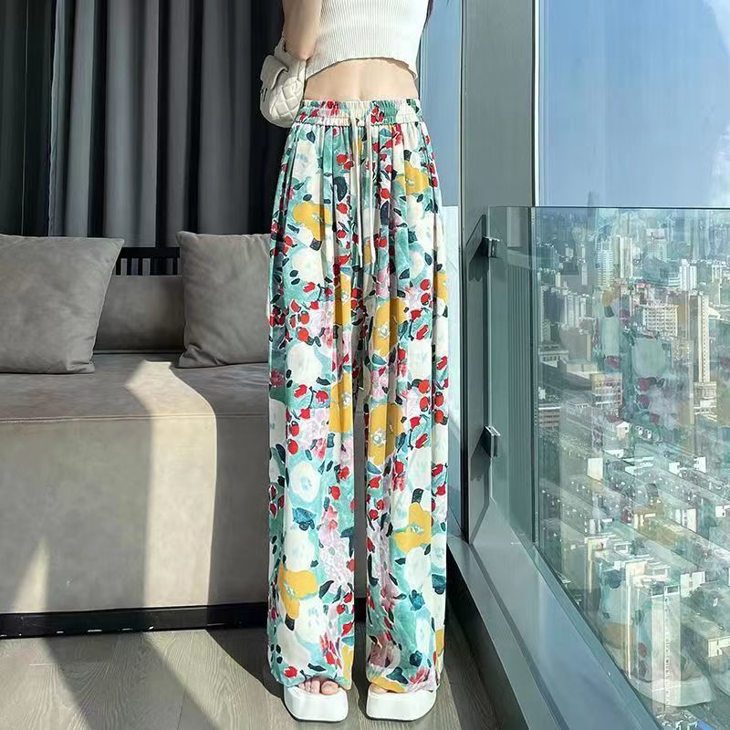 Jiashucheng Quần Ống Rộng Bằng Lụa Lạnh Mỏng Mát Mẻ Họa Tiết Hoa Thời Trang Mùa Hè Mặc Ngoài Trời Mát Mẻ