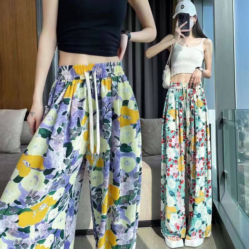 Jiashucheng Quần Ống Rộng Bằng Lụa Lạnh Mỏng Mát Mẻ Họa Tiết Hoa Thời Trang Mùa Hè Mặc Ngoài Trời Mát Mẻ