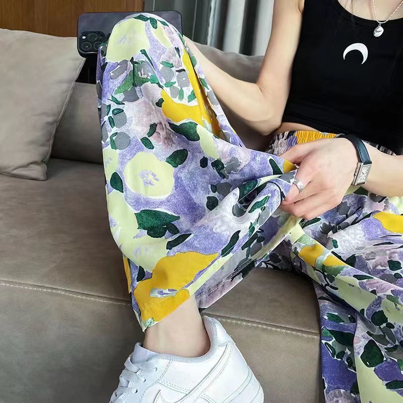 Jiashucheng Quần Ống Rộng Bằng Lụa Lạnh Mỏng Mát Mẻ Họa Tiết Hoa Thời Trang Mùa Hè Mặc Ngoài Trời Mát Mẻ