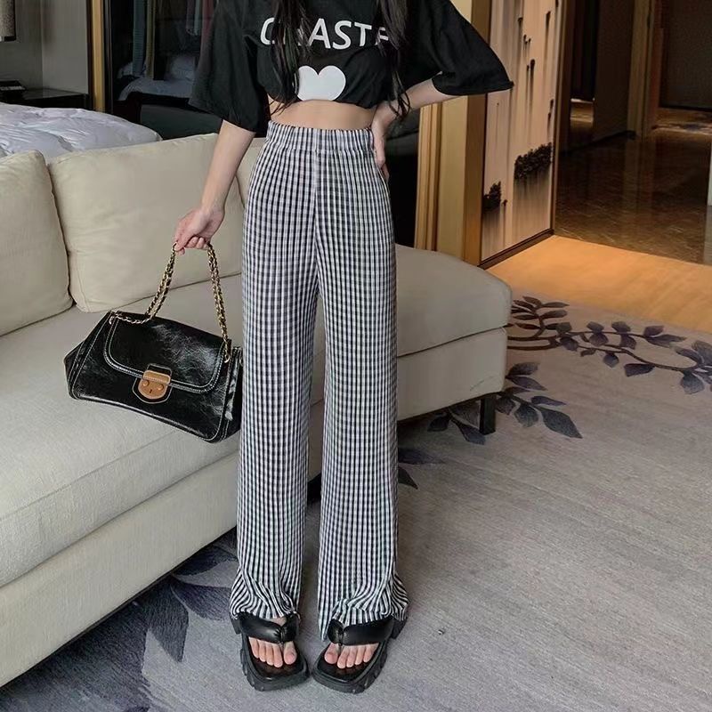 Jiashucheng Quần Dài Ống Rộng Lưng Cao Vải Lụa Lạnh Họa Tiết Sọc Caro Phong Cách Mới Thời Trang Mùa Hè Dành Cho Bạn Nữ