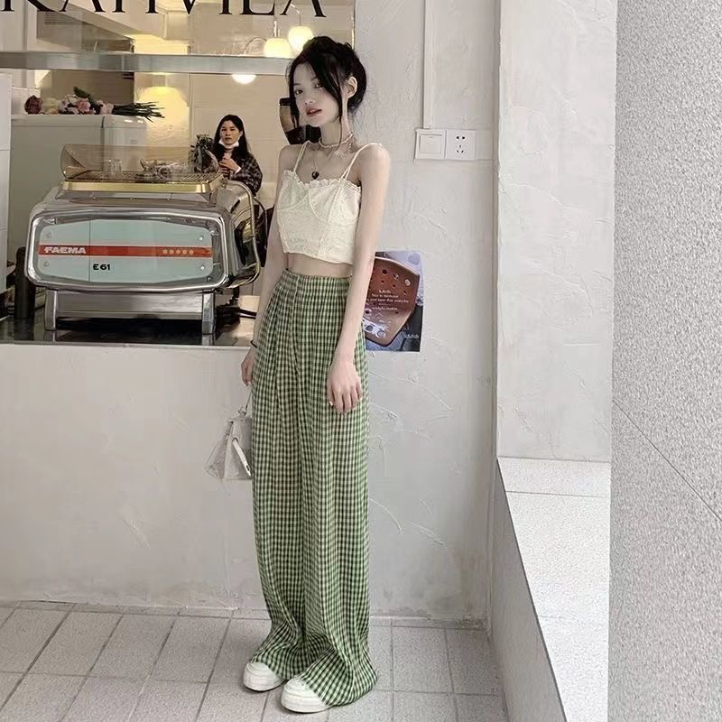 Jiashucheng Quần Dài Ống Rộng Lưng Cao Vải Lụa Lạnh Họa Tiết Sọc Caro Phong Cách Mới Thời Trang Mùa Hè Dành Cho Bạn Nữ