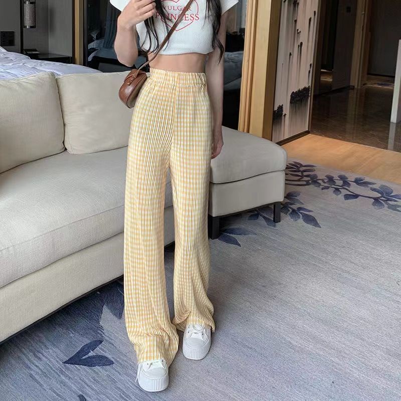Jiashucheng Quần Dài Ống Rộng Lưng Cao Vải Lụa Lạnh Họa Tiết Sọc Caro Phong Cách Mới Thời Trang Mùa Hè Dành Cho Bạn Nữ