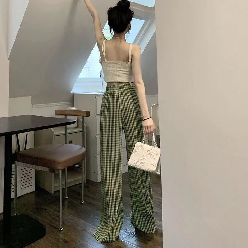 Jiashucheng Quần Dài Ống Rộng Lưng Cao Vải Lụa Lạnh Họa Tiết Sọc Caro Phong Cách Mới Thời Trang Mùa Hè Dành Cho Bạn Nữ