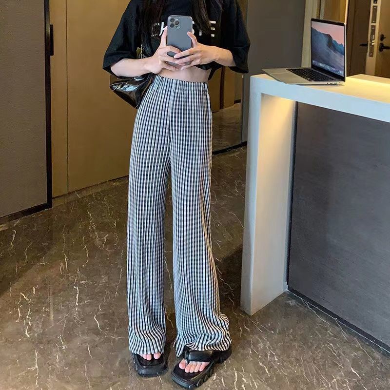Jiashucheng Quần Dài Ống Rộng Lưng Cao Vải Lụa Lạnh Họa Tiết Sọc Caro Phong Cách Mới Thời Trang Mùa Hè Dành Cho Bạn Nữ