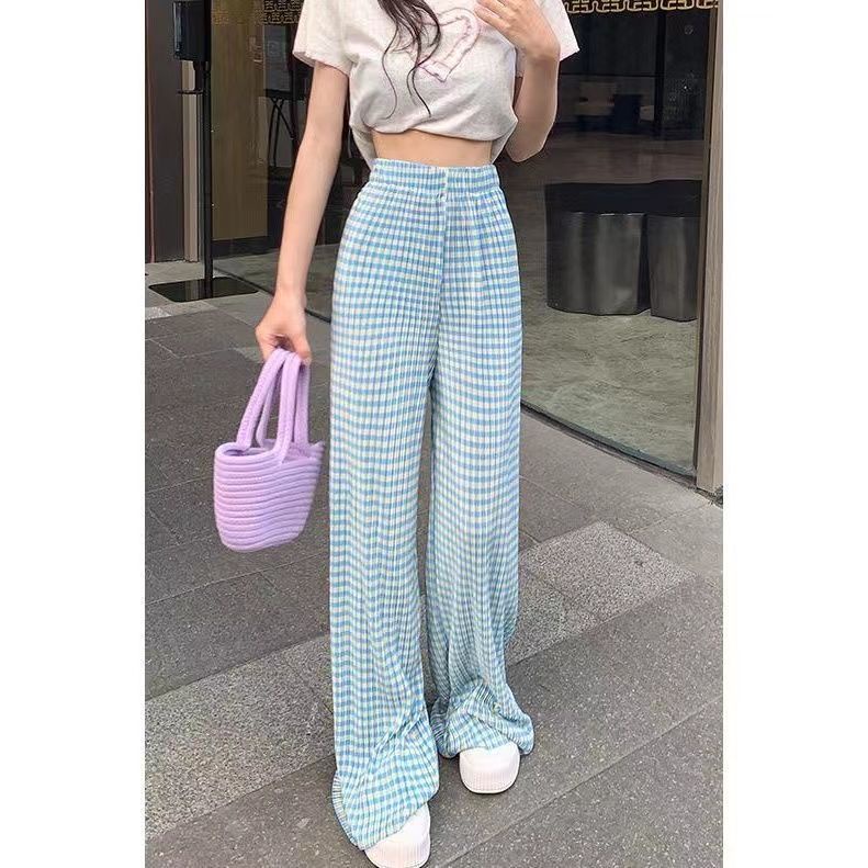 Jiashucheng Quần Dài Ống Rộng Lưng Cao Vải Lụa Lạnh Họa Tiết Sọc Caro Phong Cách Mới Thời Trang Mùa Hè Dành Cho Bạn Nữ