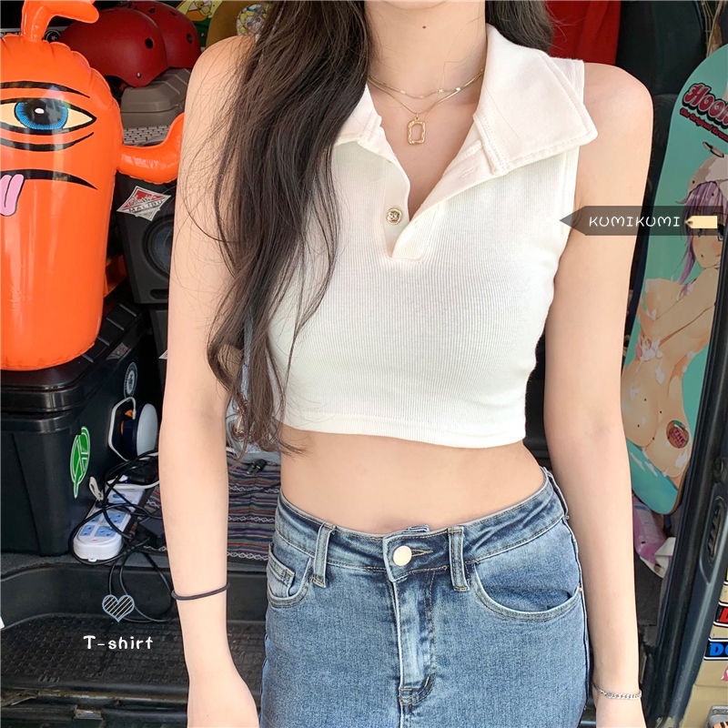 Jiashucheng Áo Thun Không Tay Cổ polo Màu Trắng Phong Cách Mới Thời Trang Mùa Hè Dành Cho Nữ