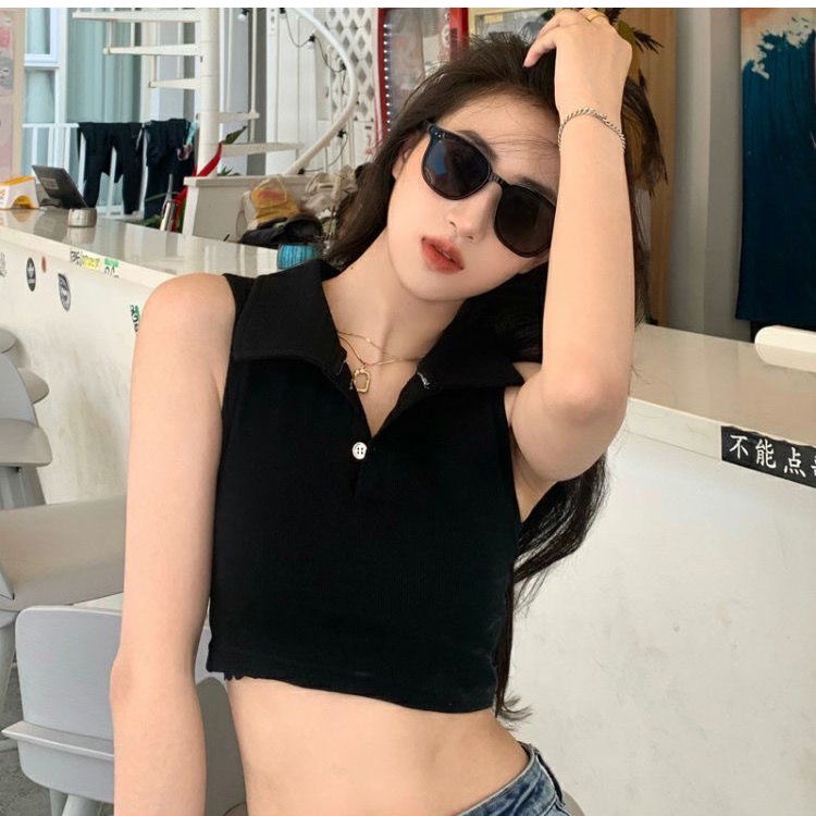 Jiashucheng Áo Thun Không Tay Cổ polo Màu Trắng Phong Cách Mới Thời Trang Mùa Hè Dành Cho Nữ