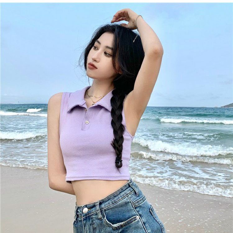 Jiashucheng Áo Thun Không Tay Cổ polo Màu Trắng Phong Cách Mới Thời Trang Mùa Hè Dành Cho Nữ