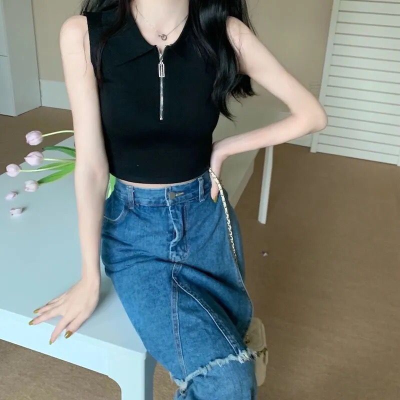 Jiashucheng Áo Dệt Kim Không Tay Dáng Ôm Ngắn Hở Rốn Phong Cách Mới Mặc Ngoài Trời Mùa Hè