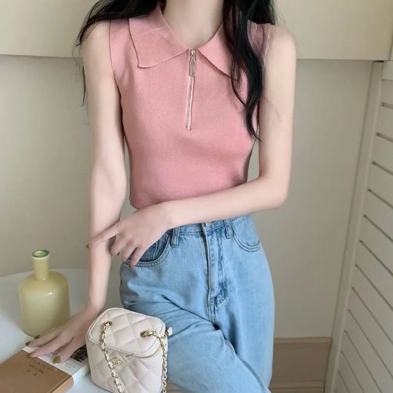 Jiashucheng Áo Dệt Kim Không Tay Dáng Ôm Ngắn Hở Rốn Phong Cách Mới Mặc Ngoài Trời Mùa Hè