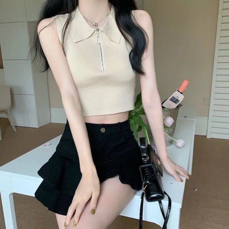 Jiashucheng Áo Dệt Kim Không Tay Dáng Ôm Ngắn Hở Rốn Phong Cách Mới Mặc Ngoài Trời Mùa Hè